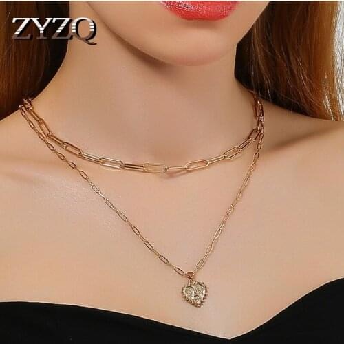 ZYZQ Gold Color Metal Sweet Heart Pendent Bridal Wedding Necklace Shiny Double layer Good Quality Female Trendy Jewelry 2021