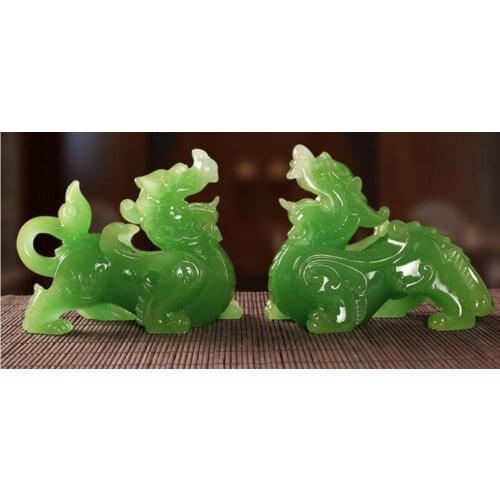 1 pair mythical wild animal green white jade resin handicraft PI xiu furnishing pieces zhaocai town residence Animal Sculpture