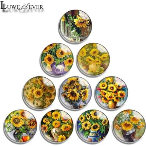 10mm 12mm 16mm 20mm 25mm 30mm 685 Sunflower Painting Mix Round Glass Cabochon Jewelry Finding 18mm Snap Button Charm Bracelet