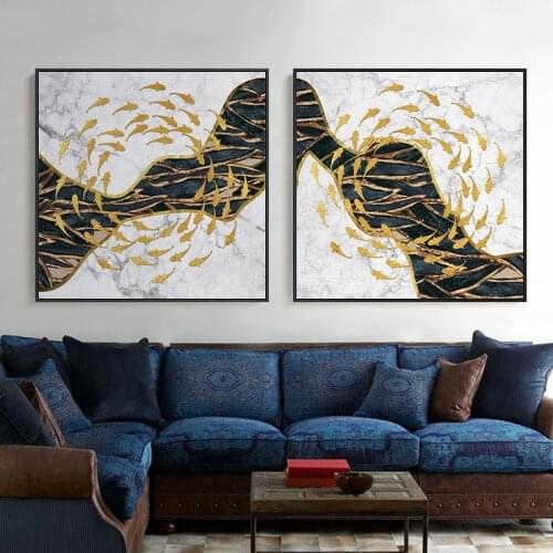 Abstract Gold Fish Canvas Painting Nordic Marble Decor Japanese Print Big Gold Poster Wall Art for Living Room Modern Tableaux