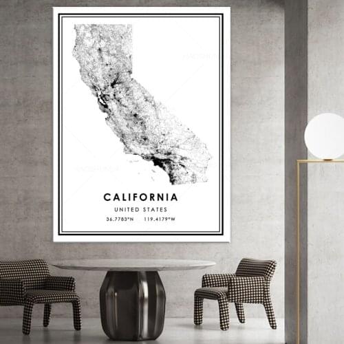 Black and White World City Map CALIFORNIA Wall Art Canvas Poster Prints Nordic Style Paintings Picture for Living Room framed