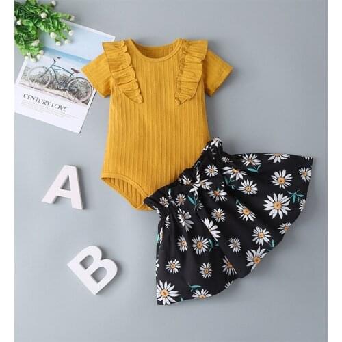 2021 Newly Arrived Childrens Wear Summer Thin Baby Girls Suit Yellow Suit + Black Printed Skirt Suit