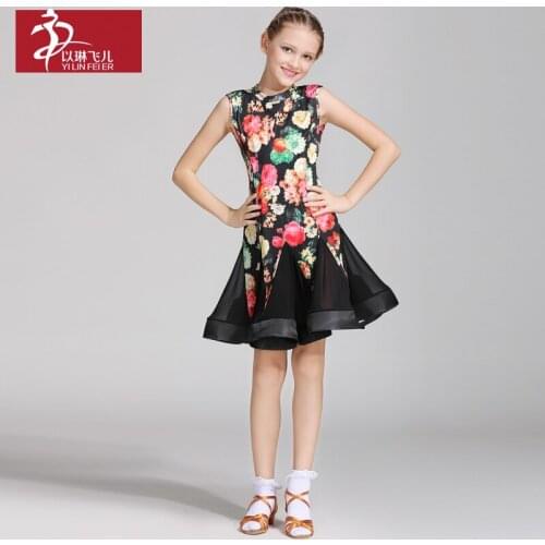 Kids Sleeveless Latin Dancing Dress Fancy Print Latin Dance Wear Shiny Modern Ballroom Dance Customes for Girls B-6487