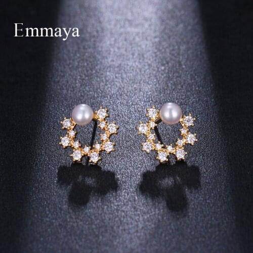 Emmaya Charming Round Shape Hollow Out Design Cubic Zircon With Pearl Gold Stud Earring For Women And Ladies In Popular Party