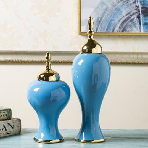Porcelain Vase golden line blue hand paint glazed ceramic ginger jar
