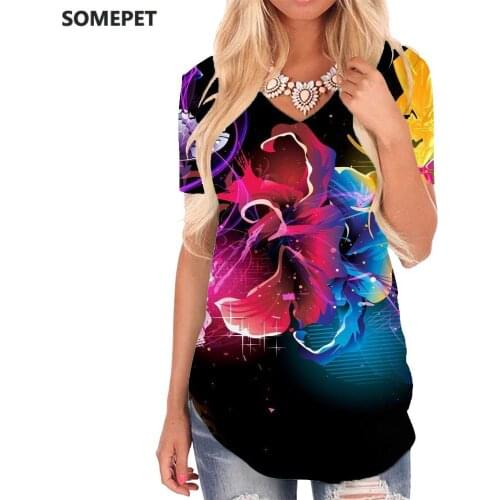 SOMEPET Flower T-shirt women Colorful T-shirts 3d Graffiti V-neck Tshirt Butterfly Tshirts Printed Womens Clothing Punk Rock