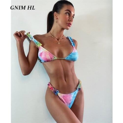 GNIM Ruffle Swimsuit Women Thong Bikini Set 2021 Sexy Bandage Print Swimwear Beach Wear 2 Pieces Micro Swimming Suit For Women