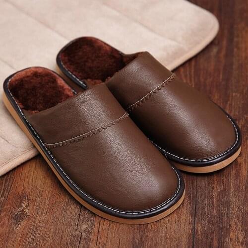 Leather Couples Winter Indoor Slippers Cow Leather Anti-Slip Men&Women Home Shoes Fashion Casual Shoes TPR Soles