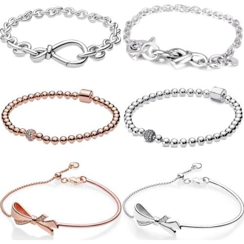 Chunky Infinity Knotted Heart Rose Beads Pave Crystal Sliding Bracelet Bangle Fit Pandora 925 Sterling Silver Bead Charm Jewelry