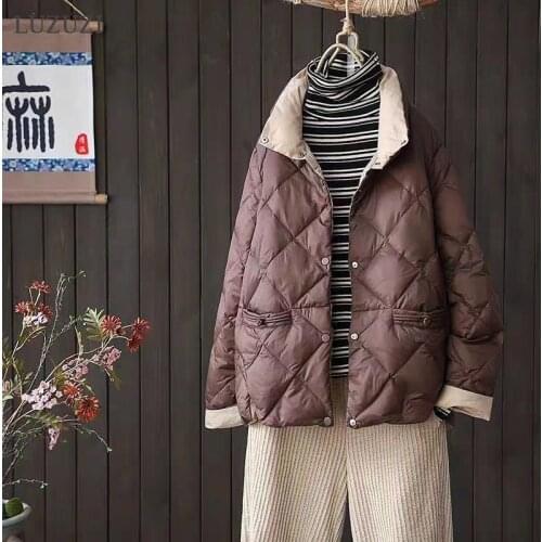 LUZUZI Autumn winter vintage feminine coat casual loose white duck down jacket stand-up collar button down parkas female jacket
