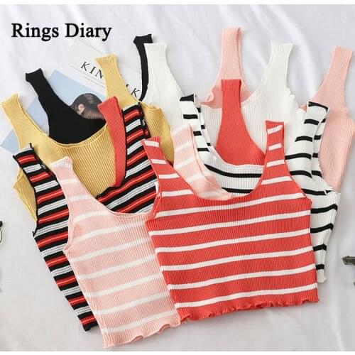 Rings Diary Knitting Rib Tank Tops Summer Rib Cropped Tank Top Lettuce Edge Sleeveless Sexy Striped Short Tank Top For Women