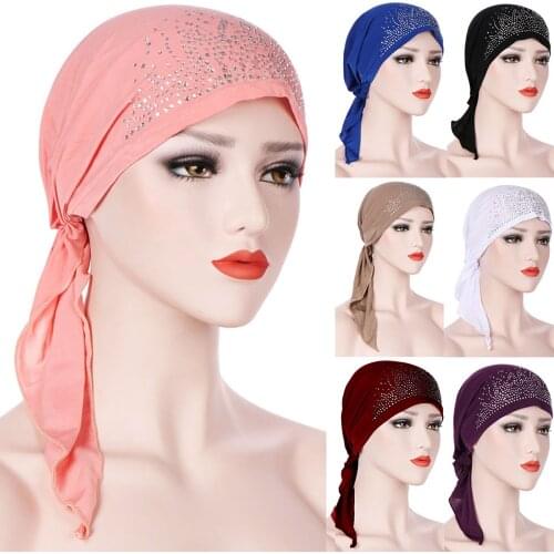 Fashion Muslim Headscarf Hat Thin Summer Women Inner Hijab Bonnet Solid Diamond Turban Caps India Head Wrap Hat ободок для волос
