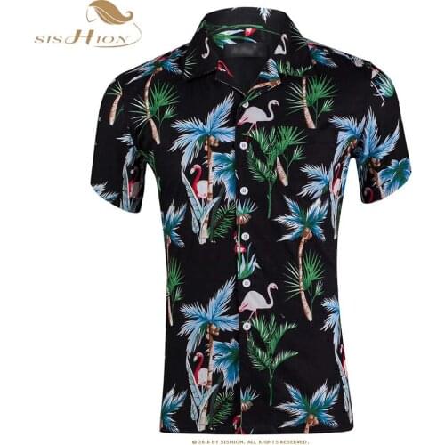 SISHION Print shirt Men Casual Cotton Button Down Short Sleeve Shirt QY0440 Hawaiian shirt Top Male clothing
