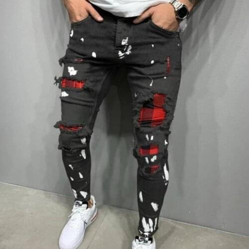 Mens Quilted Embroidered Jeans Fashion Skinny Jeans Ripped Grid Stretch Denim Pants Distressed Stretchy Denim Jogging Pants