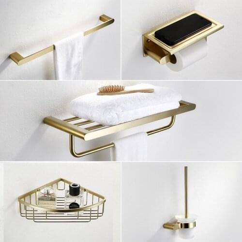 Bathroom Accessories Set Brass Brushed Gold Towel Rack Toilet Brush Holder Corner Shelf Tissue Holder Hooks Bath Hardware Set