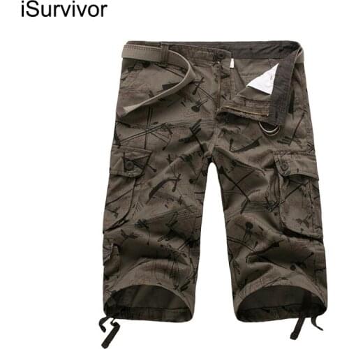 ISurvivor 2021 New Summer Straight Mens Cropped Pants Multi-Pocket Direction Signs Graffiti Mens Casual Loose Cropped Overalls