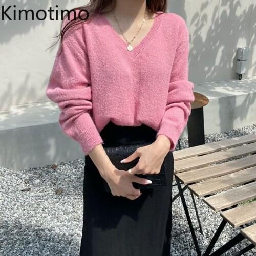 Kimotimo Solid Sweater Women Korean Chic Tender Sweet V-neck Loose Pullover Autumn Long Sleeve Office Ladies Sweaters All-match