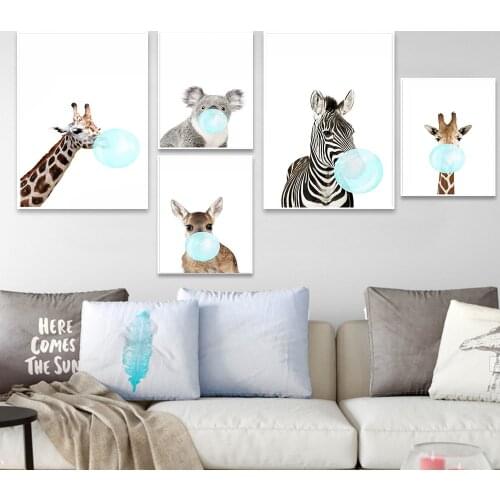 Posters and Prints Blue Balloon Nordic Style Kids Decoration Cartoon Giraffe Canvas Pictures for Living Room Bedroom Wall Decor