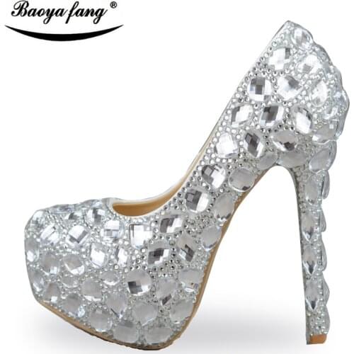 Silver crystal Womens wedding shoes High heels platform shoes Ladies Paty Dress shoes Big size 34-43 high quality