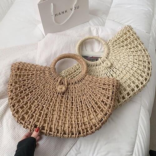 Straw Totes Bag For Women 2021 New Bohemina Style Big Knitting Summer Purse And Handbag Vacation Half Moon Beach Bags Handmade