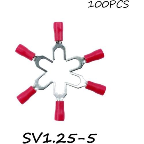 SV1.25-5 100PCS/Pack Red Insulated Spade Terminal Block Connector Electrical Furcate Lug Crimp Cable Wire Forked End Insulation