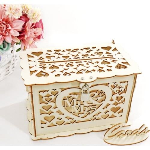 Craft Mr&Mrs Wooden Wedding Card Box with Lock and Card Sign Wedding Decoration Gift Money Box Hollow Heart DIY Party Suplies