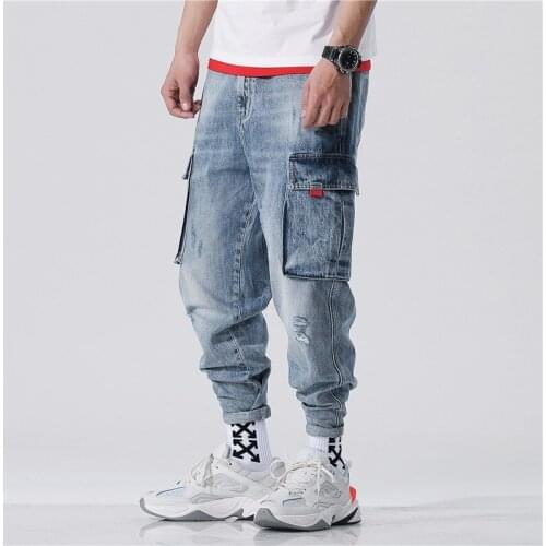 Harajuka Hip Hop Pockets Vintage Cowboy Cargo Harem Pants Ankle Length Loose Casual Jogging Trousers Plus Size 28-42 Streetwear