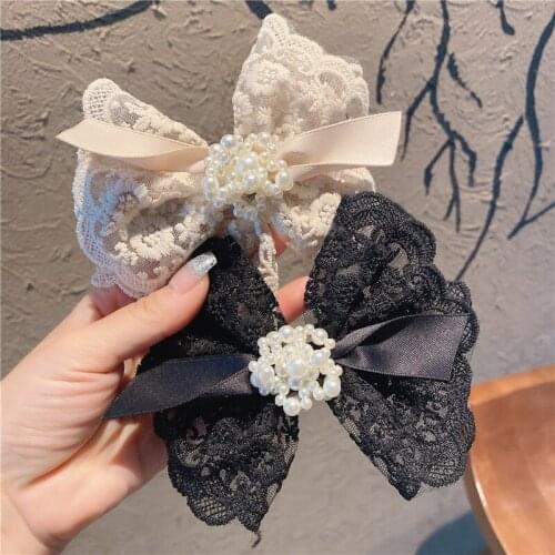 Korean Bowknot Lace Spring Hair Clips Women Large Pearl Hairpin Girls Ponytail Barrettes Fashion Casual Headwear Accessories
