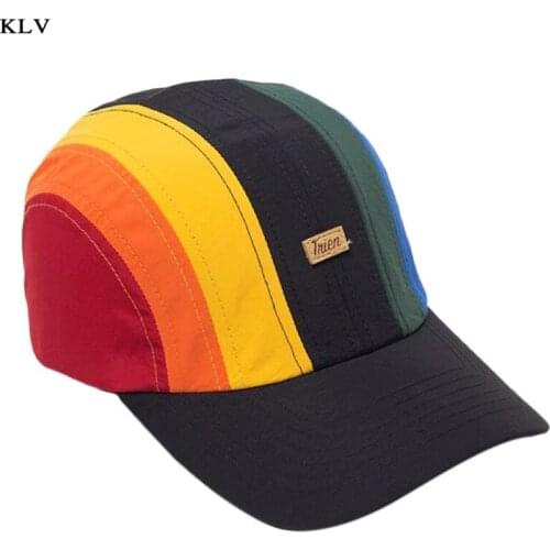 Women Men Summer Cotton Baseball Hat Rainbow Stripes Patchwork Letters Label Adjustable Drawstring Snapback Peaked Sun Cap