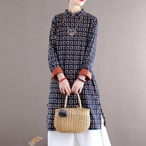 Johnature Corduroy Vintage Women Long Shirts Print Floral Stand Long Sleeve Button Blouses 2021 Autumn New A-Line Shirts Tops