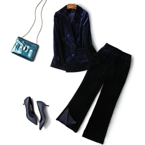 Set female blue slim velvet suit flared pants two-piece 2019 spring and autumn new temperament elegant fashion womens clothes