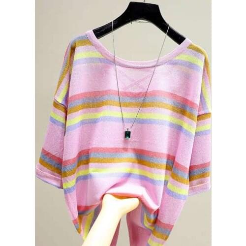 2021Fashion O collar Halter cross sweater bottoming shirt womens Loose stripe thin pullover summer Short sleeve