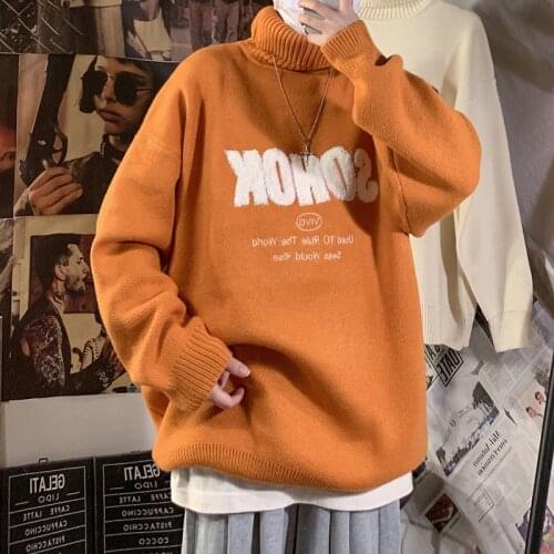 Winter Mens Turtleneck Sweater Orange Thickened Japan Style Fashion Harajuku Tops Hipster Casual Pullovers Knitted Male Sweater
