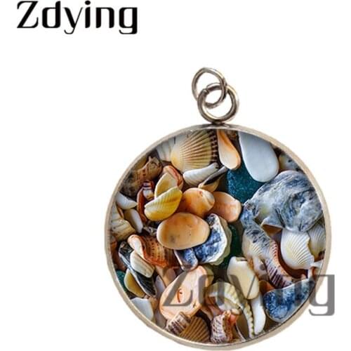 Zdying New 2pcs/Lot Stainless Steel Beach Stone Shell Pendants Glass Cabochon Picture Dome Charm Jewelry Accessories ML046