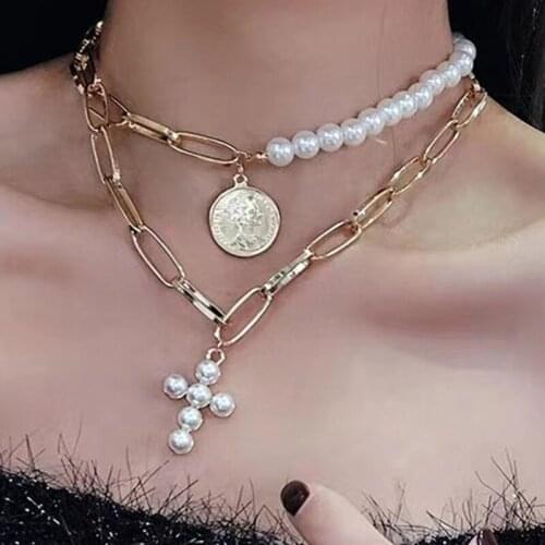Gold color Retro fashion 2pcs / Set Necklace thick short necklace Cross Pendant coin Bohemia