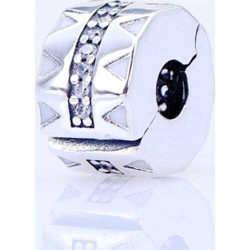 Bewill Genuine S925 Silver Bright Serrated Thread Fixing Clip White Enamel Beads Fit Original Bracelet Pendant DIY Jewelry