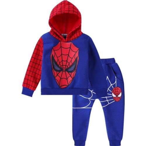 Childrens Suit Spring and Autumn Models Boys European and American Spider Cartoon Hooded Jacket + Trousers Two-piece