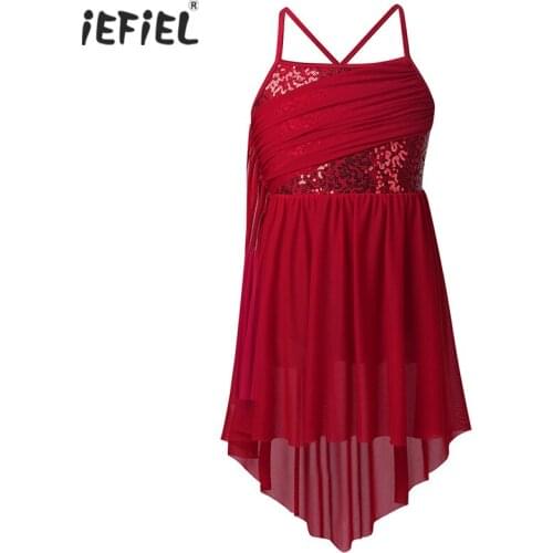 Kids Girls Lyrical Dance Costumes Leotard Dress Spaghetti Shoulder Straps Shiny Sequins Ballroom Modern Contemporary Dance Dress