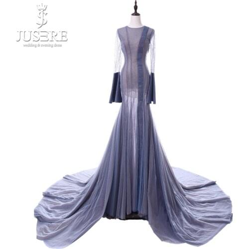 Long Elegant Purple Gown Jewel Neckline Open Back Pleat Train Shiny Fabric Illusion With Lining Skirt Cuff Evening Dress 2018