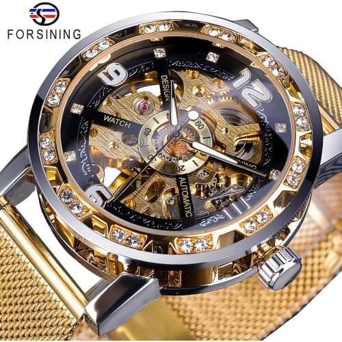 Forsining Diamond Golden Skeleton Men Mechanical Watch Stainless Steel Mesh Band Luminous Hand Watches Sport Business Clock