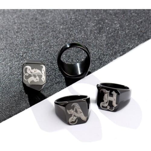 Engrave Initial A to Z Alphabet Stainless Steel Signet Ring for Men High Polished Black Tone Hip Hop Punk Jewelry Finger Gift