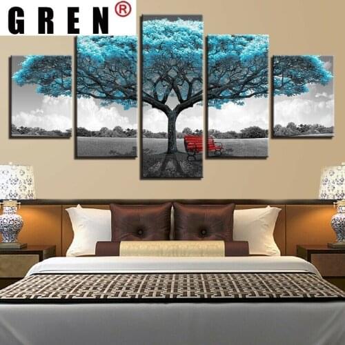 GREN Blue Tree Red Garden Bench Scenery 5 Panel Canvas Print Modern Wall Art Poster HD Pictures Home Decor No Framed Paintings