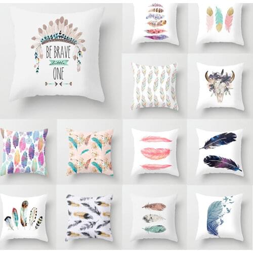2021 New Painted Feathers Cushion Cover Polyester Cotton Pilow Case Decorative Sofa Pillowcases Home Decor Pillow Covers 45*45cm