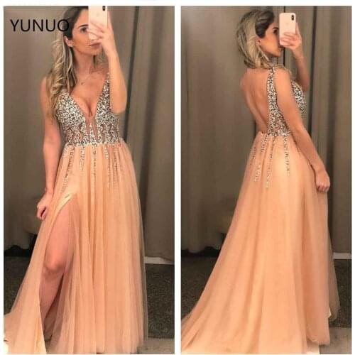 YUNUO Champagne Beading Prom Dresses A Line Slit Tulle robe de soiree Long Elegant V Neck Back Party Evening Gowns for Women