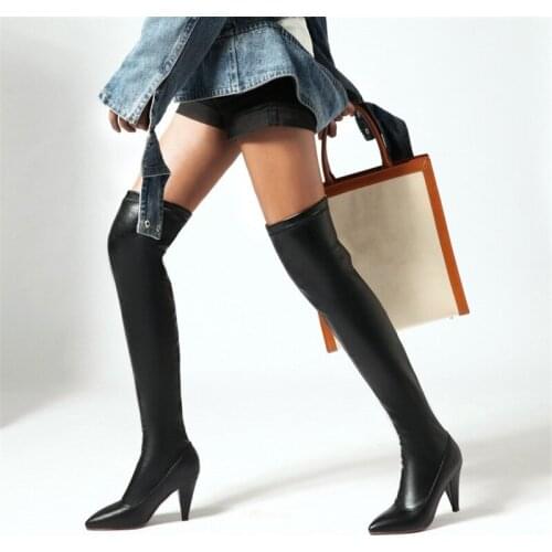 PXELENA 2020 Sexy Stretch Women Thigh High Boots Spike Heels Slip On Pointed Toe Lady Over The Knee Boots Shoes Plus Size 34-43
