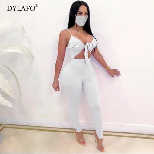 Hot Sale white lace up sexy bandage jumpsuit Women two-piece suit party jumpsuit Winter hollow out skinny long playsuit overalls
