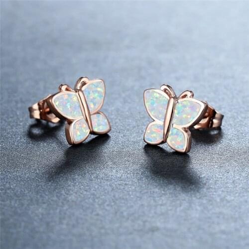 White Blue Opal Stone Animal Earrings Female Cute Small Butterfly Stud Earrings Rose Gold Silver Color Bridal Earrings For Women