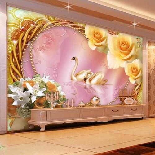 European Style Rose Flowers Swan Silk Wallpaper Living Room Wedding House Backdrop Wall Cloth Romantic Home Decor Mural Covering