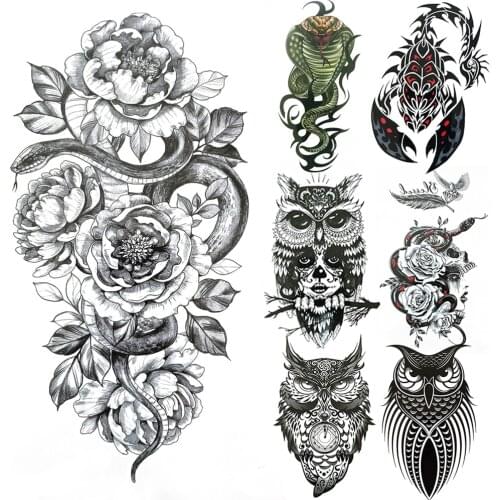 Snake Flower Fake Temporary Tattoo For Women Men Bigs Scorpion Kings Tattoos Owl Skeleton Hand Thigh Geometric Tribe Daisy Tatoo