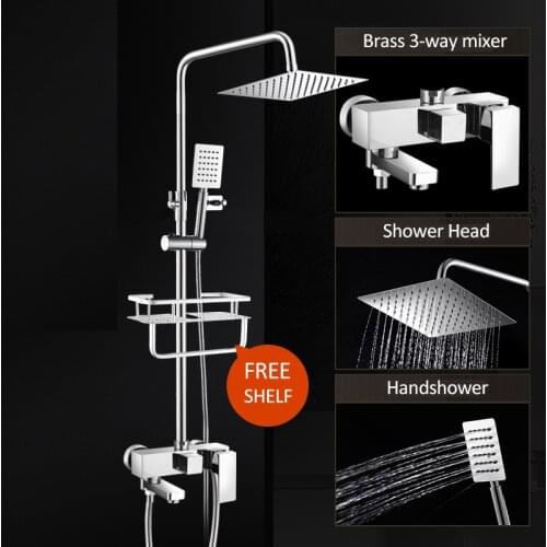 Vidric Vidric Chrome Bathroom Shower Faucets Set Bathtub Shower Mixer Tap With Hook Commodity Shelf 3-way Mixer Shower Torneira